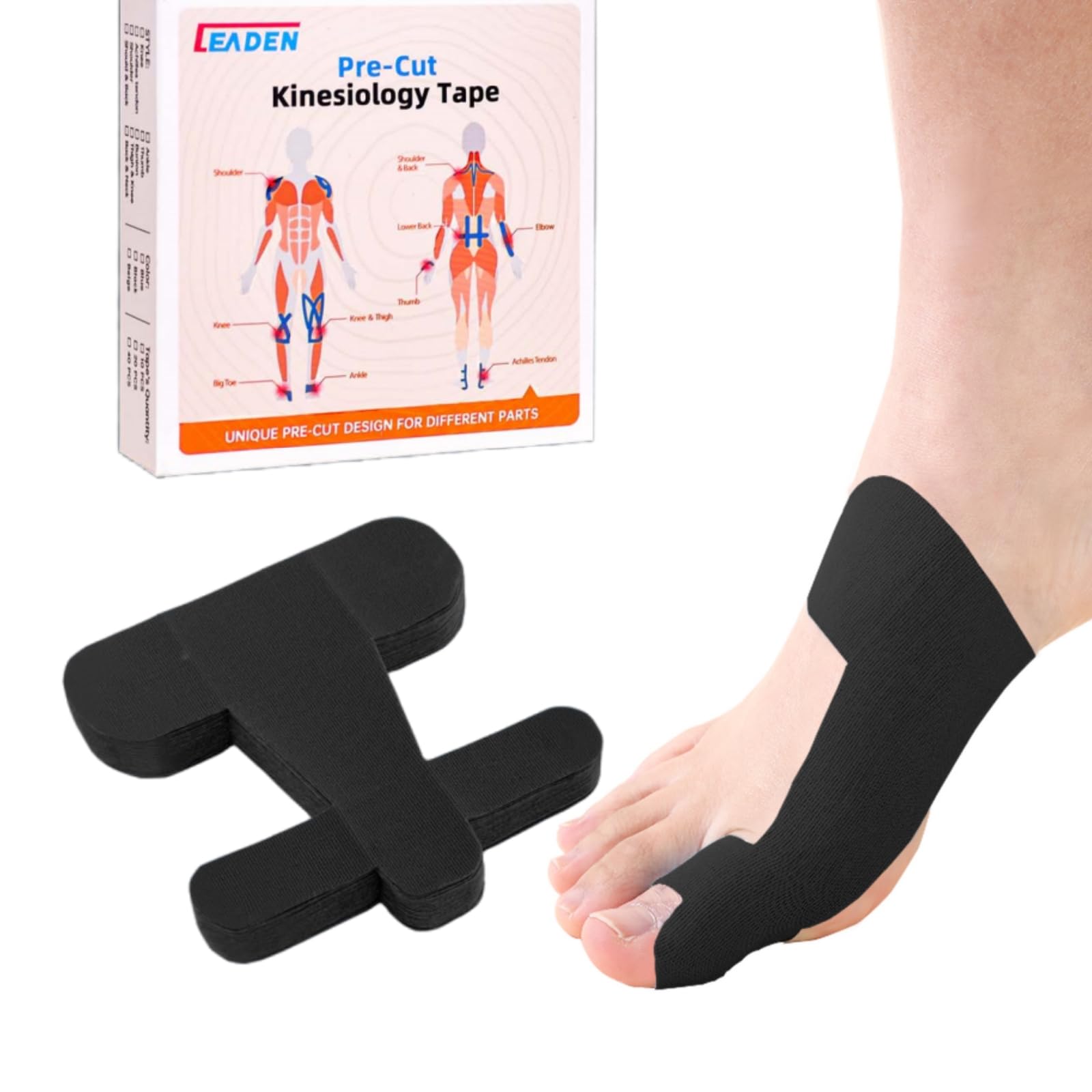 Photo 1 of IEADEN Precut Kinesiology Tape for Bunion, 40 Pcs, Bunion Corrector & Relief, Big Toe Support and Pain Relief, Breathable Hypoallergenic Latex-Free Tape (Black)