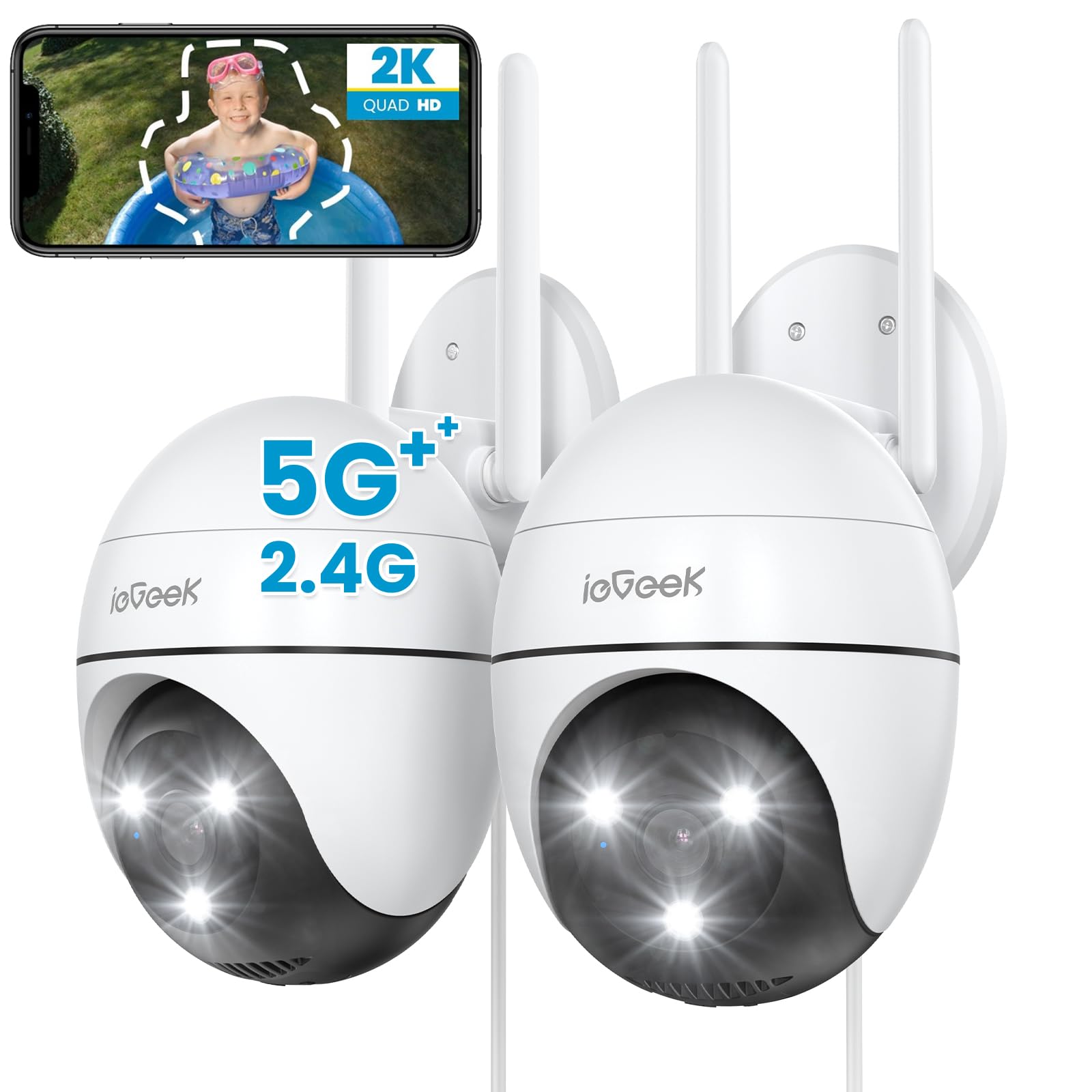 ieGeek 2.4G/5GHz PTZ Security Camera Outdoor, 2K Dual-Band WiFi CCTV Camera, Color Night Vision, WiFi Home IP Camera with Human Detection, Siren, 2-Way Audio, Support Alexa, Memory/Cloud, 2PCS (Wired) — image 1