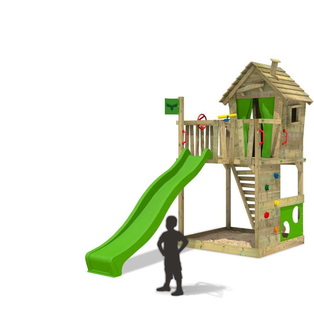 FATMOOSE Casetta su palafitte HappyHome Hot XXL senza estensione FATMOOSE Casetta su palafitte HappyHome Hot XXL senza estensione Parco giochi con casetta da gioco con tetto in legno piattaforma parete d arrampicata