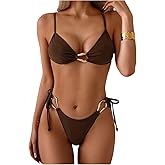 SHENHE Women's Thong Bikini Set Triangle V Neck Ring Linked Side Tie Swimsuits 2 Piece Swimwear