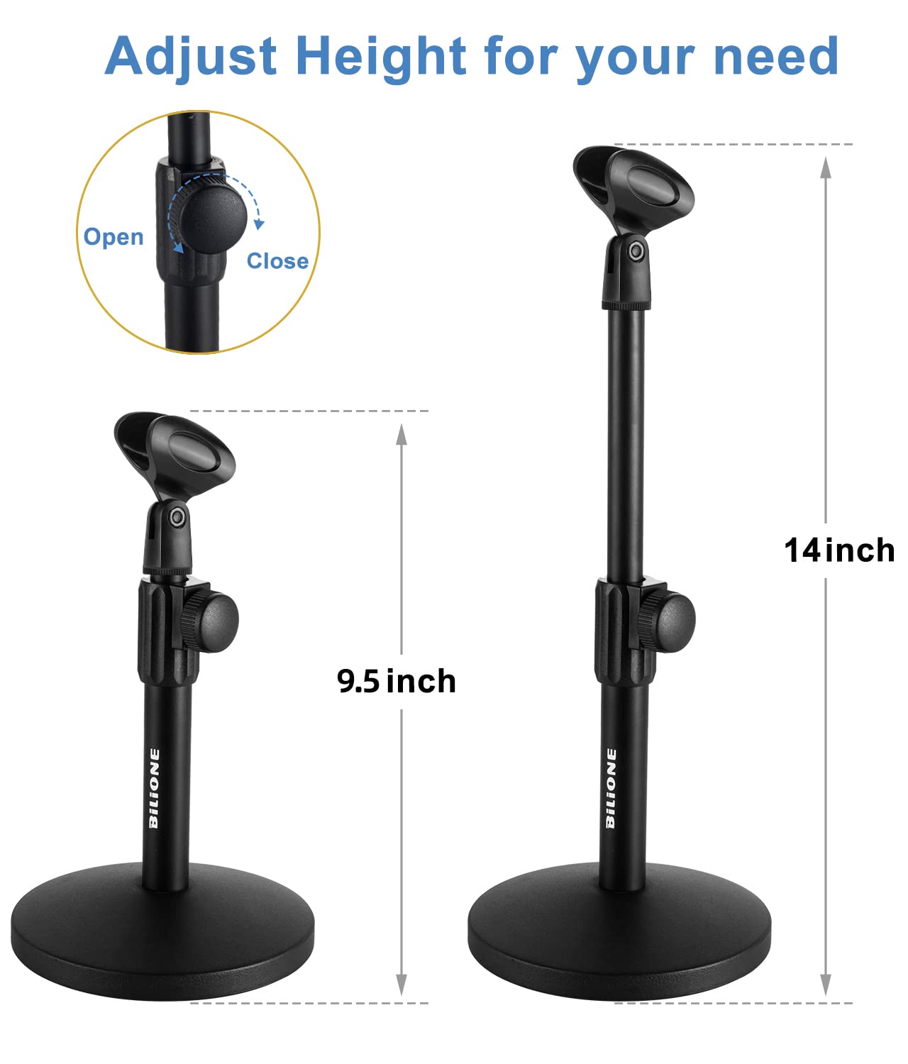 BILIONE Multifunctional Desktop Microphone Stand, Adjustable Mic Stand Desk with Pop Filter, Shock Mount, Microphone Clip, 5/8