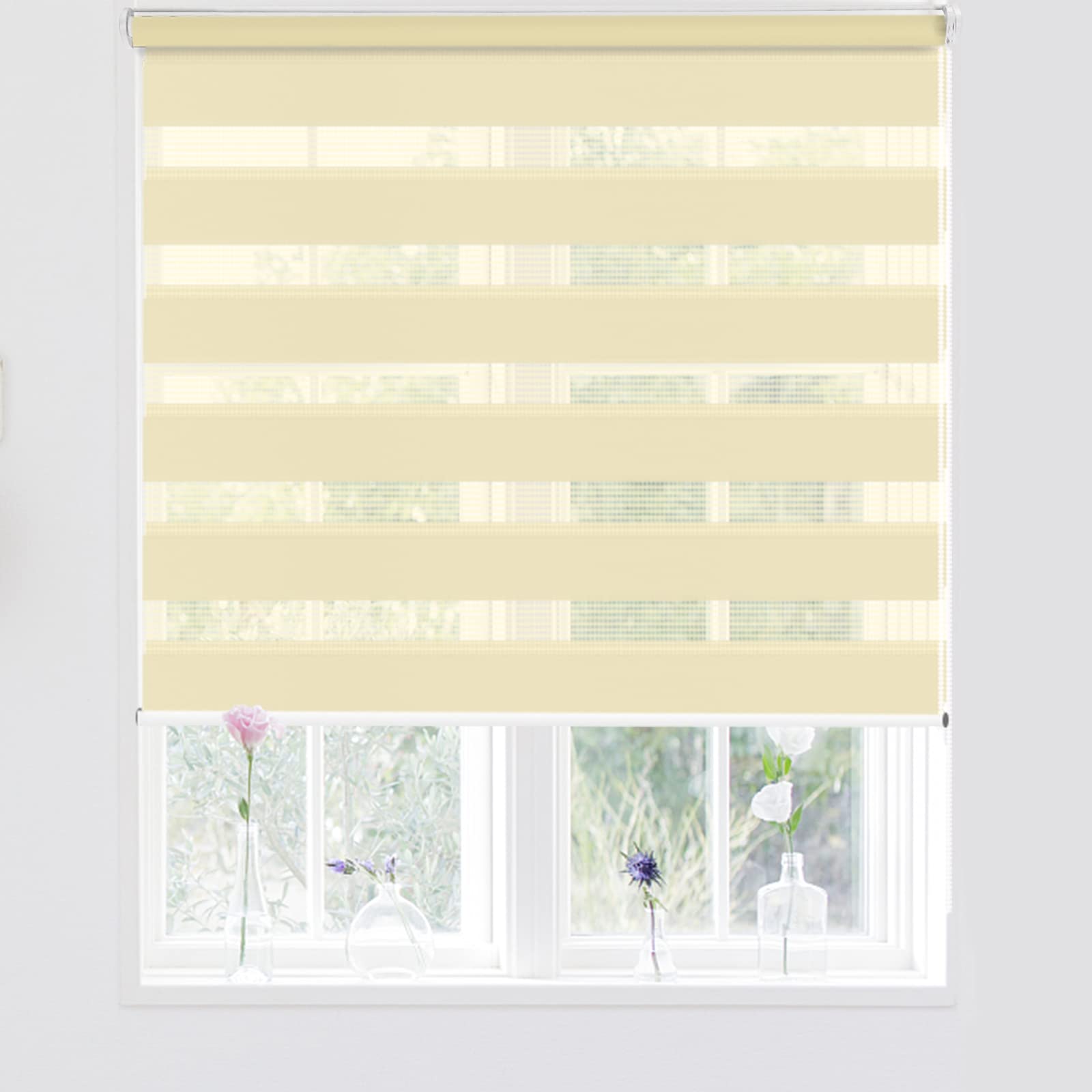 Kokorona Day and Night Zebra Roller Blinds, Dual Layer Fabric Zebra Window Blinds for Bedroom, Light Filtering Privacy Day Night Blinds, 85cm Wide x 150cm Length, Beige