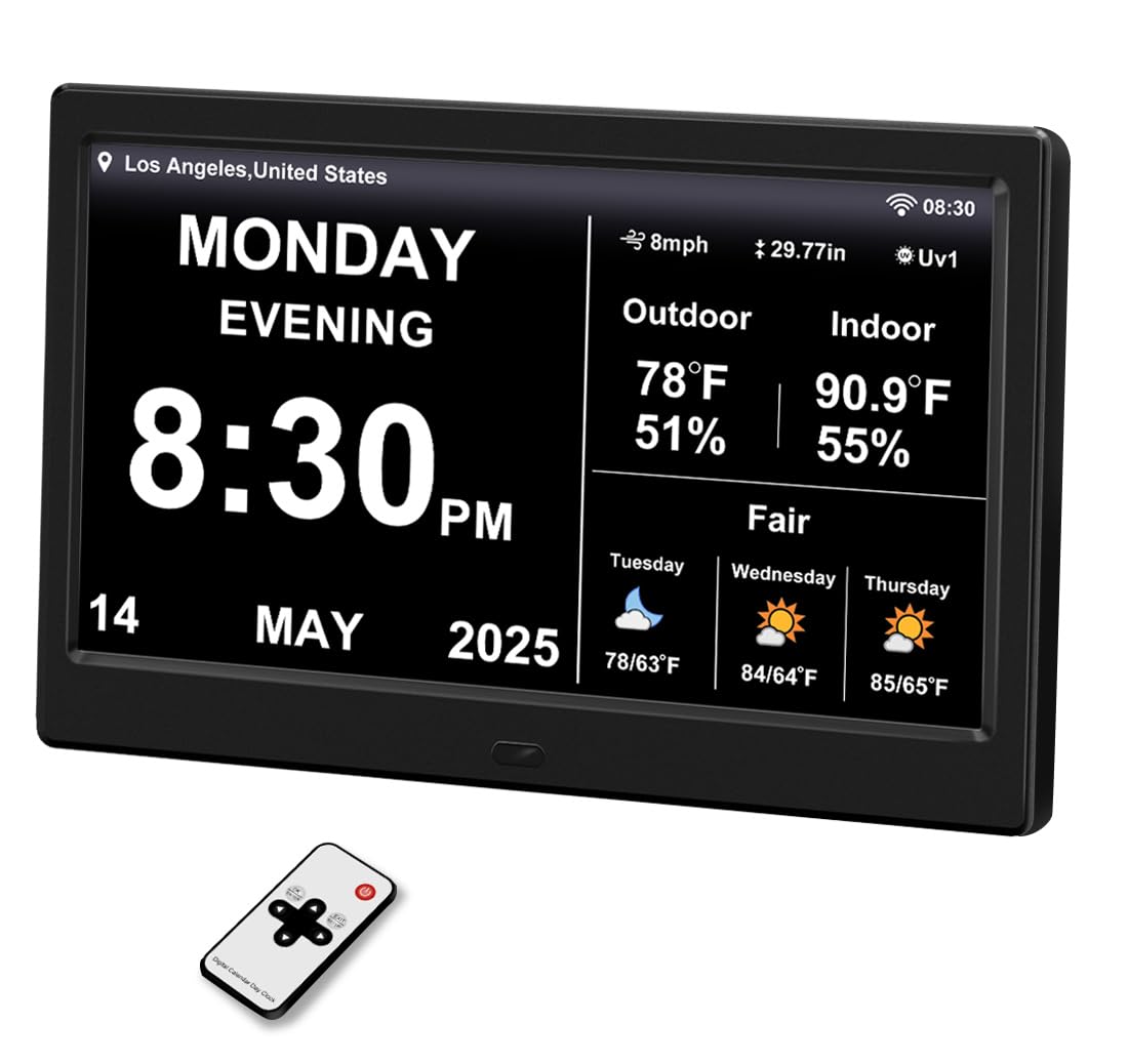 Photo 1 of 2025 Digital Clock with Weather Forecast & Temperature/Humidity Large Display,Auto Time Sync, Custom Alarms & Medication Reminders, Elderly Memory Loss (Black, 10.1 Inch)