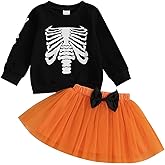 Kayotuas Toddler Baby Girl Halloween Outfit Pumpkin Ghost Sweatshirt Top Tulle Tutu Skirt Set Little Girls Halloween Clothes