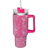 HWISDMIG 40oz Tumbler with Handle-Glitter Rhinestones Tumbler Bling Cups Stainless Steel Water Bottle Diamond Studded Tumbler for Women-Birthday Gifts for Women, Mom, Girlfriend (Fuchsia)