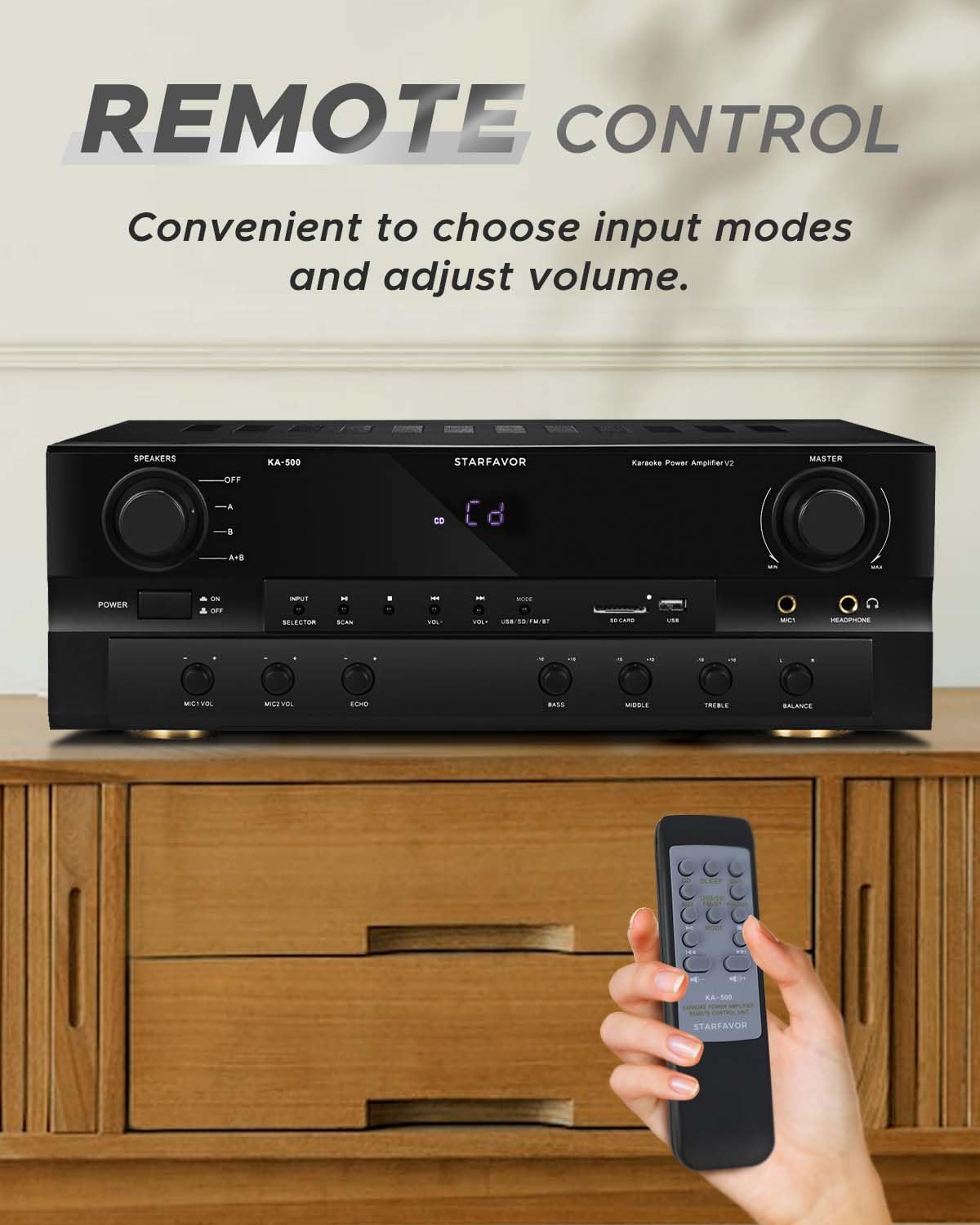Starfavor Bluetooth Stereo Receiver w Phono Inputs, 2.1 Channel 500W Peak Power Home Audio receivers amplifiers for Speakers w Subout,RCA in,USB,SD,FM,2 MIC in Echo and Headphone Jack KA-500