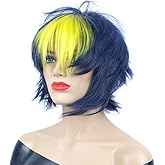 onemily Short Straight Layered Heat Resistant Fiber Synthetic Wigs for Cosplay Party Costume (Blue Yellow)