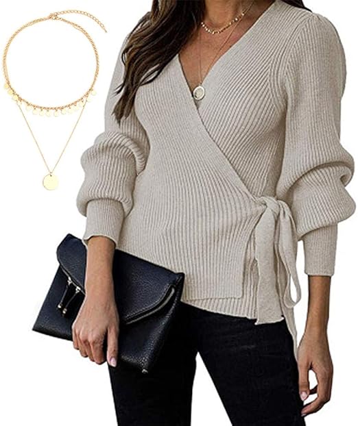 WINYU Womens Sexy V Neck Wrap Sweater Long Sleeve Tie Side Knit