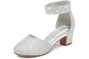 LAURMOSA Girls Dress Shoes with Rhinestone Ankle Strap Closed Toe High Heels for Little Big Kids Wedding Party