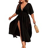 SWOMOG Women Plus Size Swimsuit Cover Up Bikini Bathing Suit Sexy Deep V Neck Swim Beach Dresses Summer Beachwear