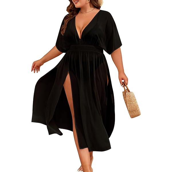 OYOANGLE Women's Plus Size Swim Cover Up Dress Wrap V Neck Ruffle Long  Dresses Sarongs Swimwear Black Large Plus at Amazon Women's Clothing store