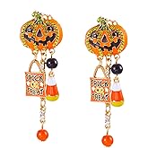 Halloween Pumpkin Earrings for Women Long Tassels Smiling Face Pumpkin Inlaid rhinestones Drop Earrings Halloween Jewelry