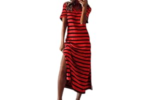 Willisos Maxi Dresses for Women 2024 Women's Summer Maxi Dress Loose Casual Long Dress Striped Short Sleeve Split Sundresses