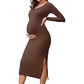 MARI GABRIEL Womens Maternity Dress Split Long Sleeve Bodycon Henley Collar Wedding Guest Midi Slit Pregnancy Dresses