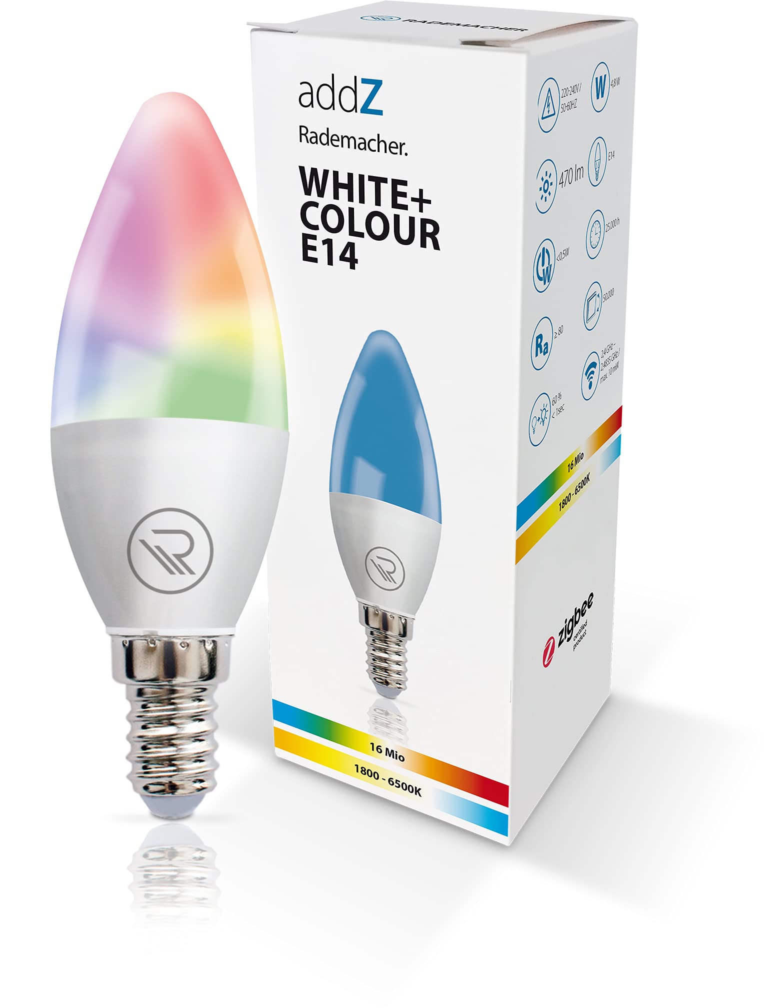Rademacher HOMEPILOT addZ White + Colour E14 LED Lamp, 4.8 W, Zigbee 3.0 Smart Home Bulb, RGBW 16 Million Colours, Dimmable e.g. via, Type: 8437 (Successor Model Available)
