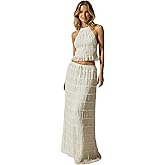 winkbay Women's 2 Piece Boho Outfits Ruffle Backless Halter Crop Top and Maxi Skirt Sets Beach Vacation Clothes