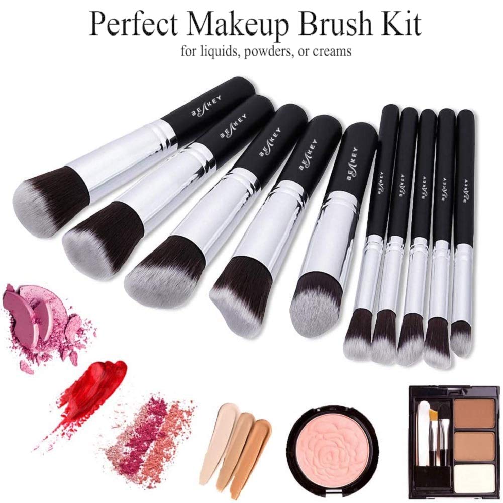 BEAKEY Makeup Brush Set, Premium Synthetic Kabuki Foundation Face Powder Blush Eyeshadow Brushes Makeup Brush Kit with Blender Sponge and Brush Cleaner (10+2pcs, Black/Silver): Beauty