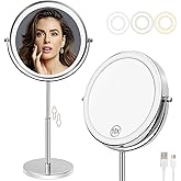 8”Large Makeup Mirror with Lights,1X/10X Rechargeable True Height Adjustable HD Magnifying Mirror with 3 Color Dimmable Lights,360° Rotation Double Sided Vanity Makeup Mirror,Gift for Women (Silver)