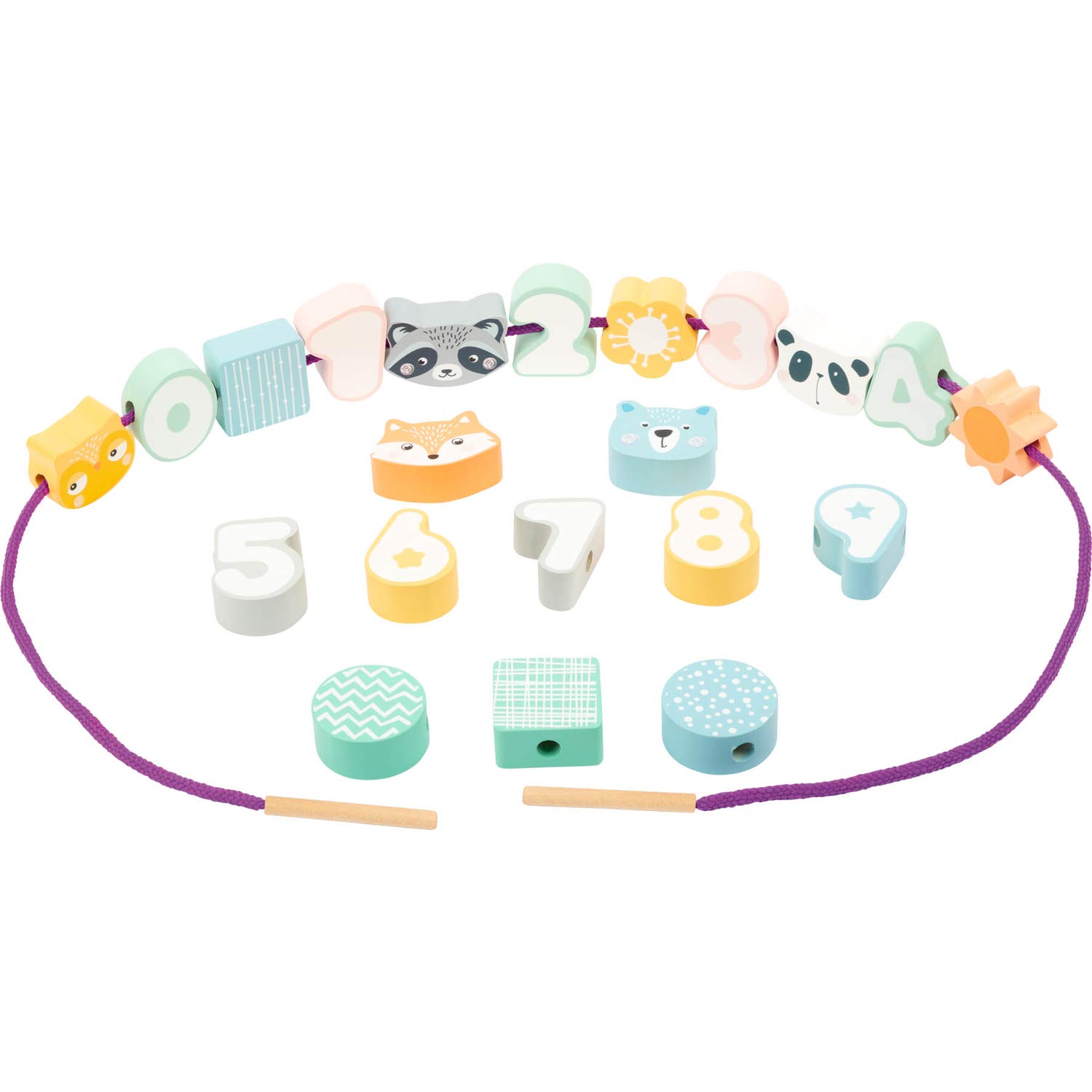 Small Foot 11475 Animals and Numbers Threading Game, Made of Wood, Concentration Practice In A Pastel Look