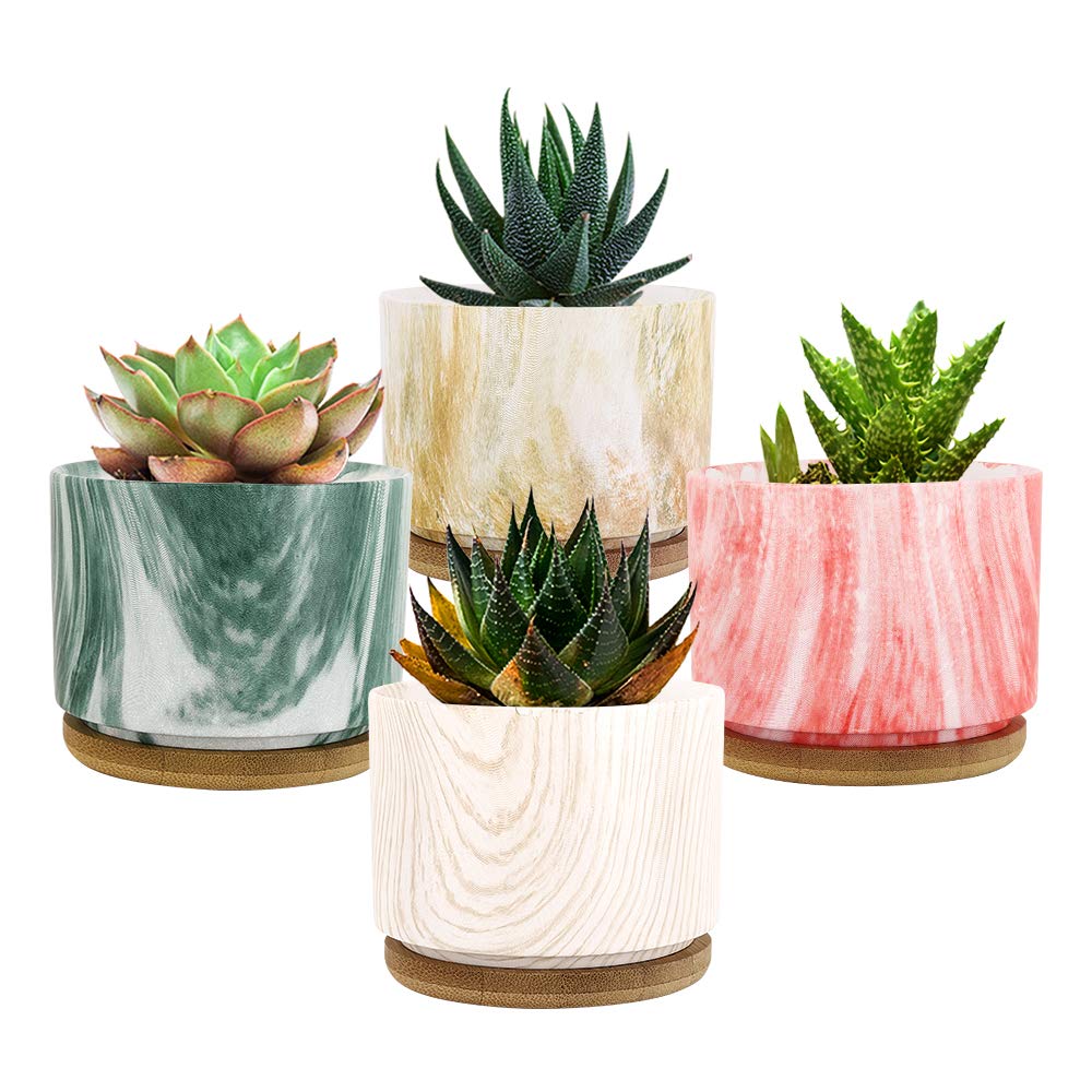 Lewondr Succulent Plant Pots, 4 Pack 3.5 Inch Ceramic Mini Succulent Small Flower Pots Marble Texture Planter Container with Bamboo Tray for Cactus Herbs Home Office Colorful