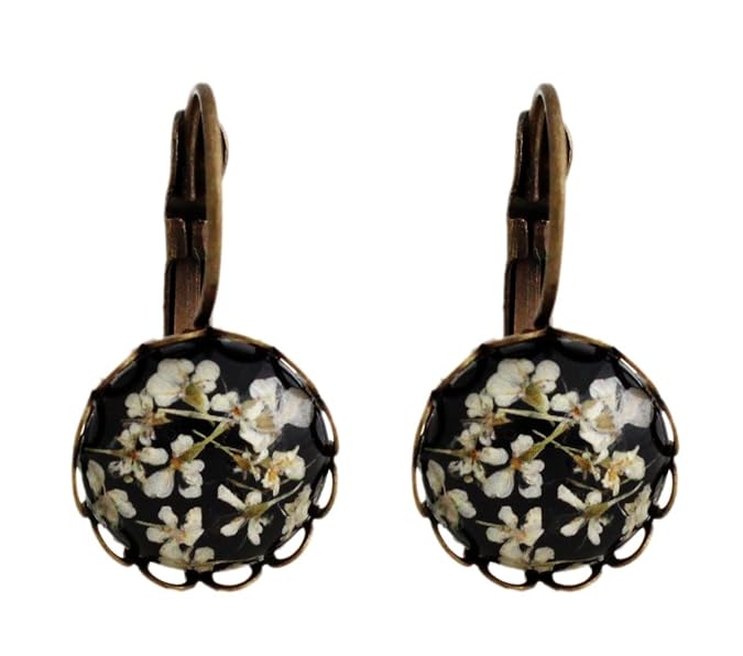 Miss Lovie Damen Ohrhänger Echte Getrocknete Blüten Ohrringe Cabochon 12mm Modeschmuck Schmuck Schwarz Weiß Bronze