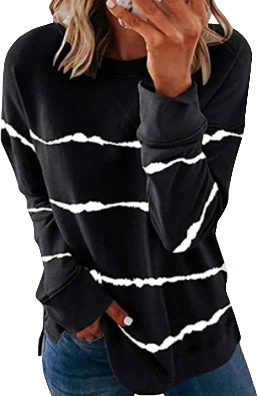 Biucly Womens Casual Crewneck Tie Dye Sweatshirt Striped Printed Loose Soft Long Sleeve Pullover Tops Shirts: Clothing
