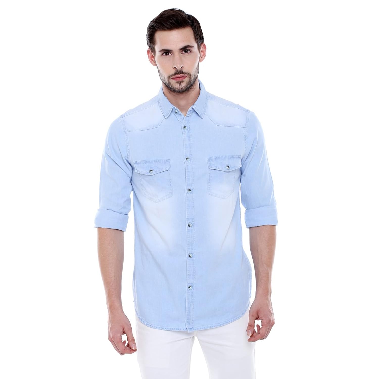 dennis lingo men's denim light blue solid casual shirt