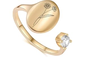 SLOONG Handmade Birth Month Flower Signet Ring 14K Gold Plated Ring Birth Stone Ring Birthday Valentine's Christmas Gift for Mom Daughter Girlfriend Wife