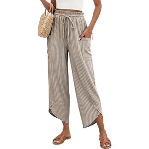 TARSE Women Stripe Linen Wide Leg Cropped Pants Drawstring Palazzo Trousers | Relaxed Loose Fit, Soft Breathable, Patch Pocke