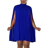Women’s Casual Cape Sleeve Pleated Split Short Dress Loose Fit Cocktail Party Flowy Dress