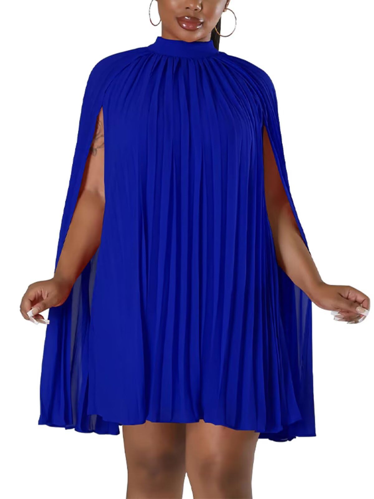Photo 1 of Women’s Stand Collar Cloak Long Sleeve Cape A Line Dress Elegant Pleated Mini Evening Dress Blue XL