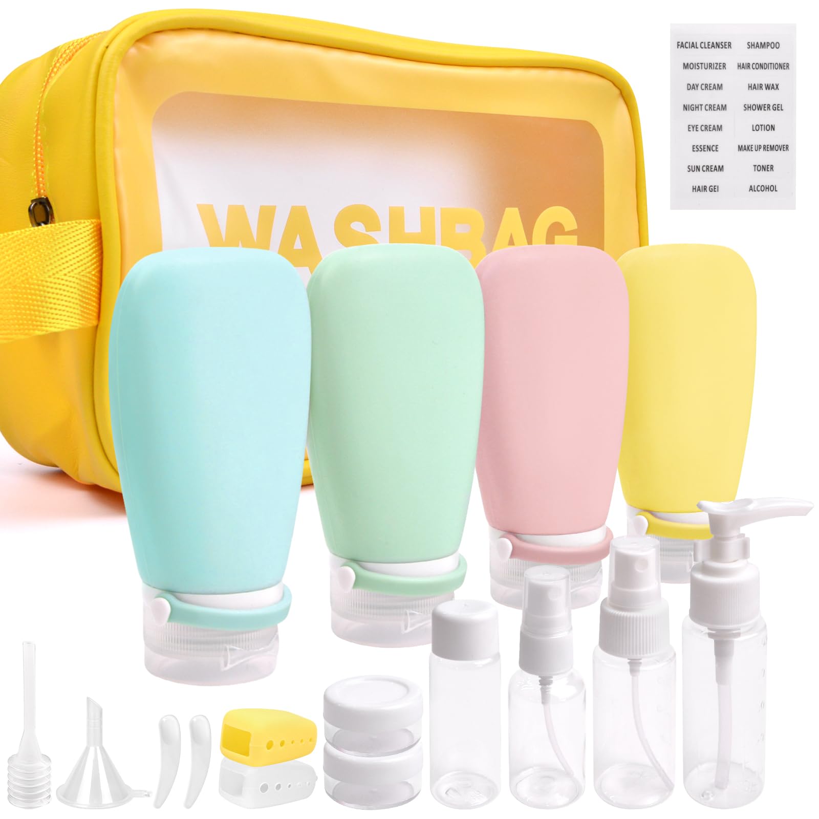 Noideeer 18 Pcs Travel Bottles Set for Toiletries, TSA Approved Travel Size Containers with Bandage Silicone Squeezable for Shampoo Conditioner Lotion Body Wash (Multicolour+Yellow Bag)