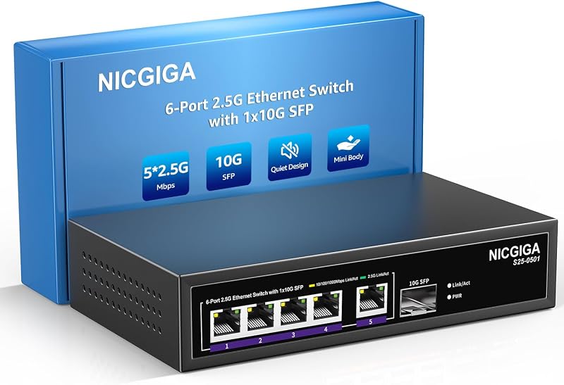 NICGIGA 5 Port 2.5G Ethernet Switch 10G SFP Uplink Unmanaged Plug Play Fanless