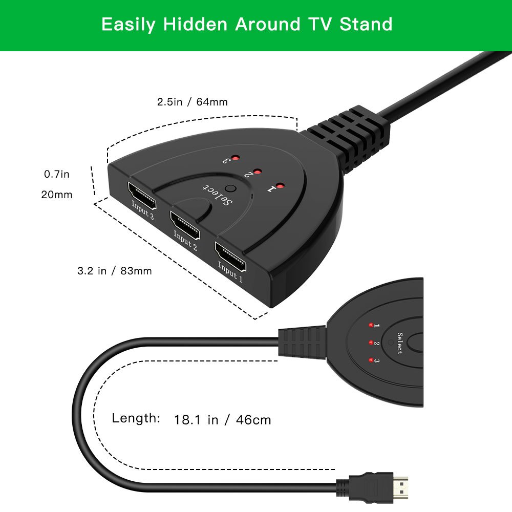 ranipobo HDMI Switch, 3 in 1 out HDMI Splitter with High Speed Switch Pigtail Cable Supports 3D 1080P HD Audio for HDTV,Projector Computer
