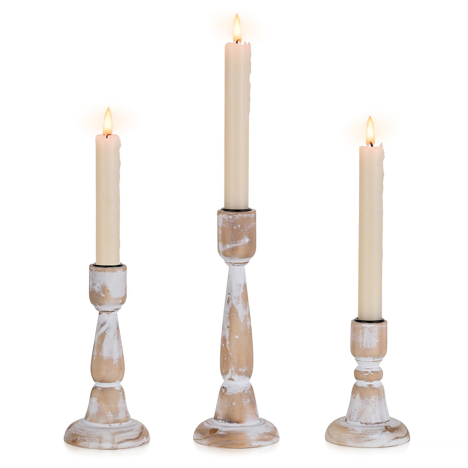 Inweder Wooden Taper Candle Holders: 3pcs Farmhouse Candlestick Holders for Home Decor Rustic Candle Holder for Wedding Centerpieces Table Decoration Whitewashed Candle Sticks Set for Christmas Party