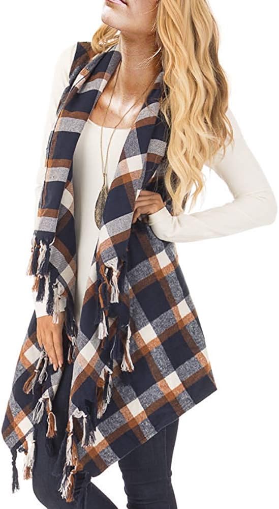SySea Womens Sleeveless Open Front Plaid Vest Cardigan Jacket with Pockets (Small, Navy)