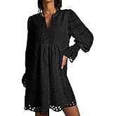utcoco Womens 2025 Eyelet Dress Casual Loose Tassel V Neck Long Sleeve A Line Lace Hollow Out Ruffle Party Dresses