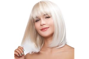 Rugelyss Creamy Champaign White Short Platinum Bob Wig with Bangs Ombre to Blonde Hair Synthetic Heat Resistant 12 Inch Wigs for Women