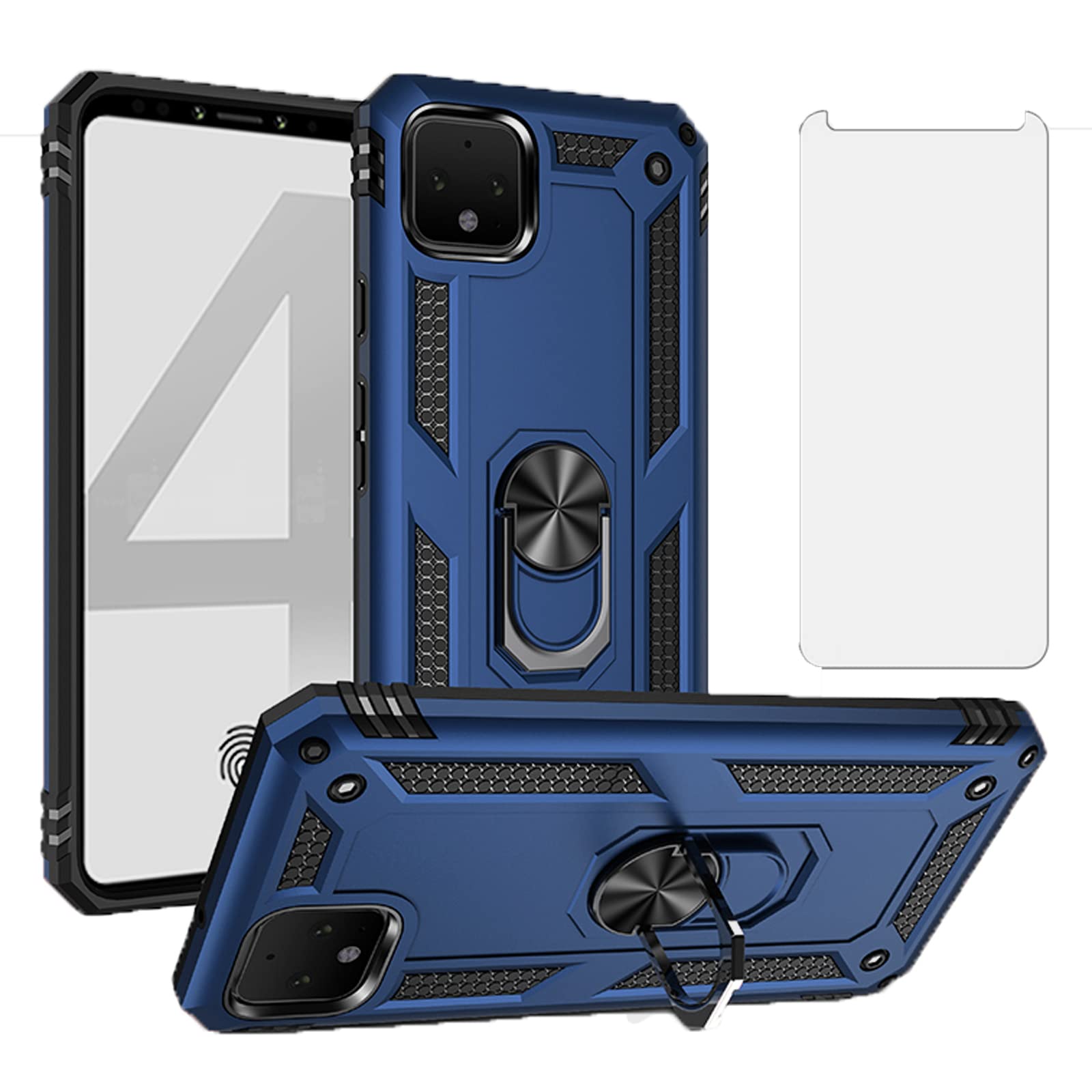 Asuwish Compatible with Google Pixel 4 Phone Case with Tempered Glass Screen Protector Cover and Stand Ring Holder Hard Shockproof Magnetic Heavy Duty for Pixel4 Pixle Four Women Men Blue — image 1