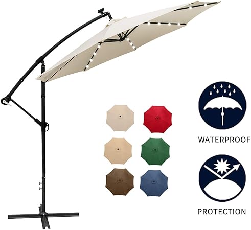 Amazon Com Ainfox 10ft Solar Led Offset Patio Umbrella Cantilever Patio Hanging Umbrella 360 Rotating Outdoor Market Umbrellas With Cross Base 32 Led Lights White Garden Outdoor