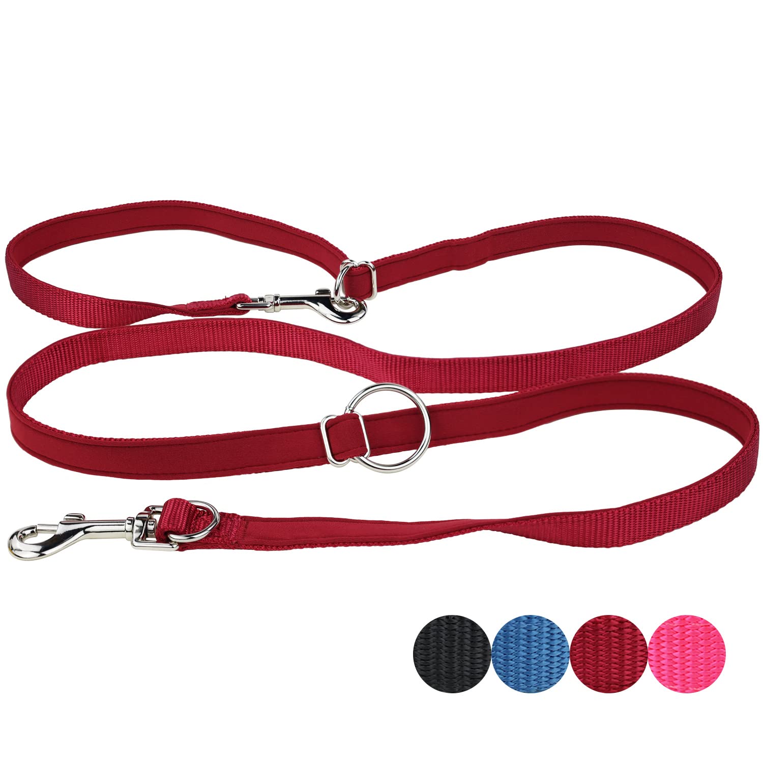 Multifunction Double Ended Lead, 2m Nylon & Neoprene-Padded Hands Free Dog Lead, Adjustable Lengths, Light & Comfortable for Walking, Running and Training (Wine Red, M - 2.0 x 200 cm)