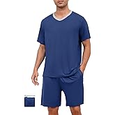 YOPUGEE Mens Pajama Set Short Sleeve Sleepwear Summer Lightweight Pjs Set 2 Piece Comfy V-Neck Nightwear With Pockets S-3XL