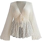 GORGLITTER Women's Plus Size Mesh Bell Sleeve Top 70s Tie Front Paisley Boho Peplum Babydoll Tops Blouse