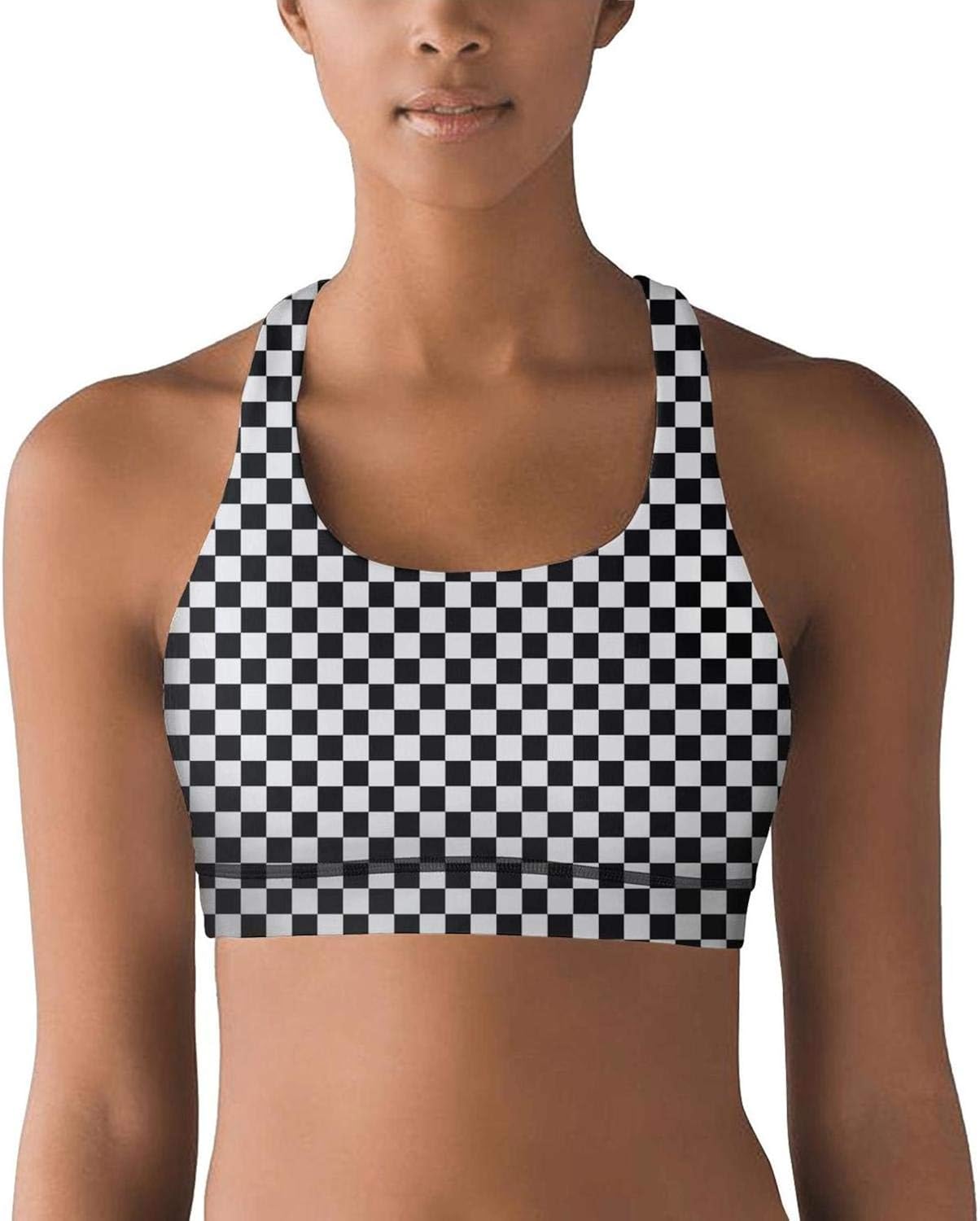 Black and White Checkered Women's Sports Bra Without Steel Ring Medium Support Yoga Bra Gym