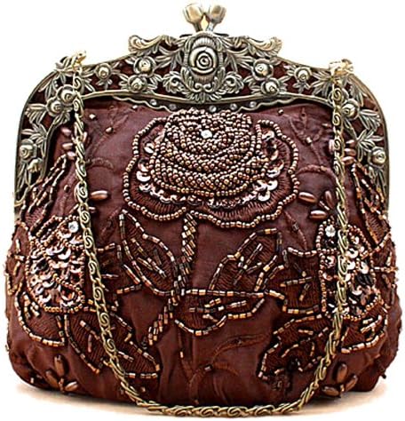 MZZ BEA005 Exquisite Beaded Bridal Accessory Satin Handbag with Rhinestones Fashion Small evening Purse with removable chain Wedding Clutch Holiday Gift - more colors (brown)