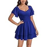Rooscier Women's Tie Back Wrap V Neck Layered Ruffle Hem A Line Short Sleeve Mini Dress