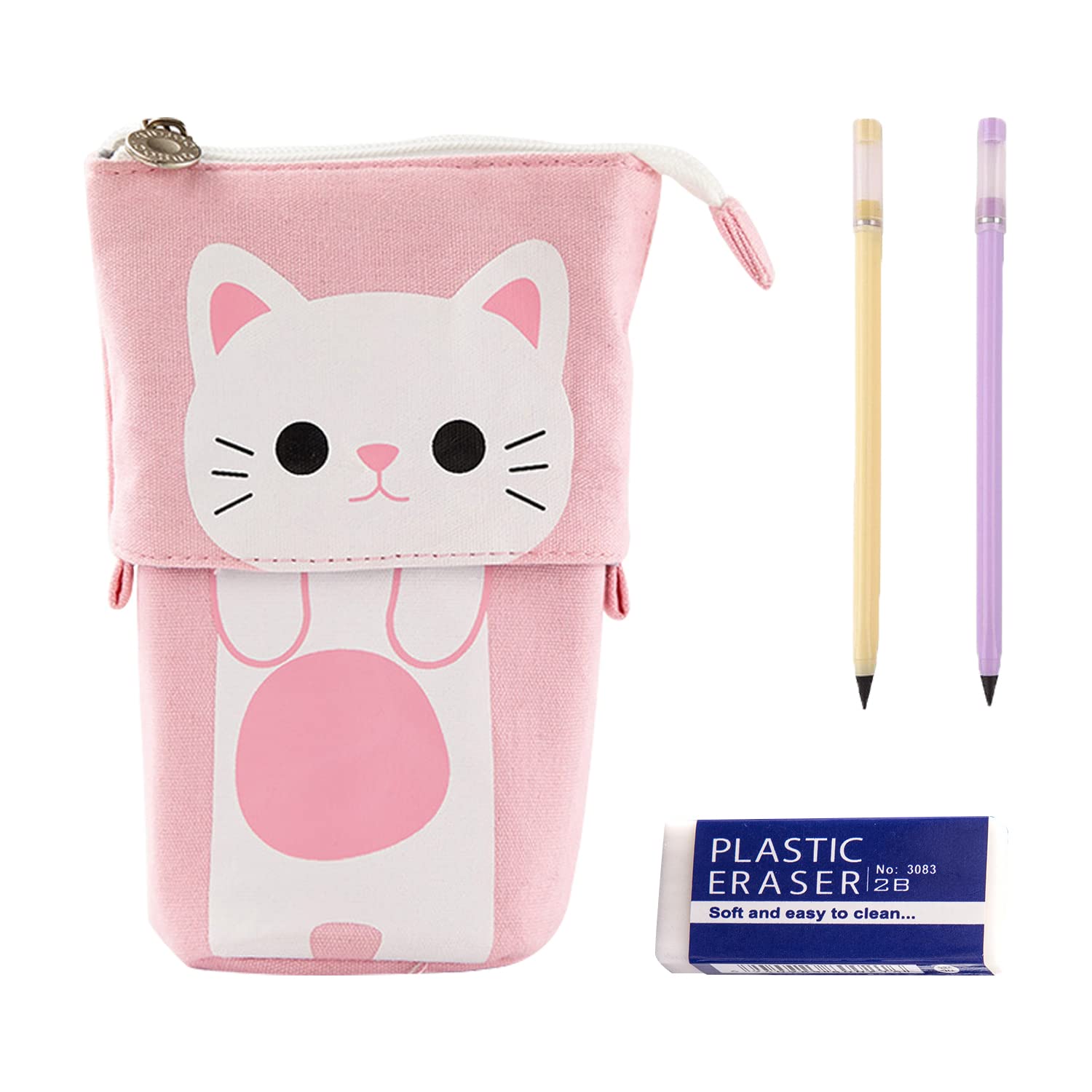 BEIIEB Retractable Pencil Case, Pink, Cute Cat Pattern, Large 40-Pen Capacity, Includes 2 Eternal Pens and 1 Eraser