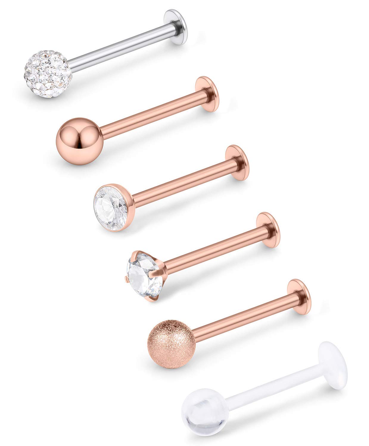 Mayhoop Labret Studs Tragus Helix Bars Lip Bars 6Pcs 16G Stainless Steel Conch Earrings Monroe Medusa Piercing Jewelry with Clear Diamond CZ for Women Men Rose Gold