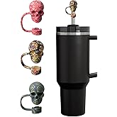 Amreich Skull Straw Cover Caps for Halloween Stanley Cup - 3 Pcs Silicone Straw Toppers Cool 10mm Straws Accessories Day of the Dead Gift for Boys