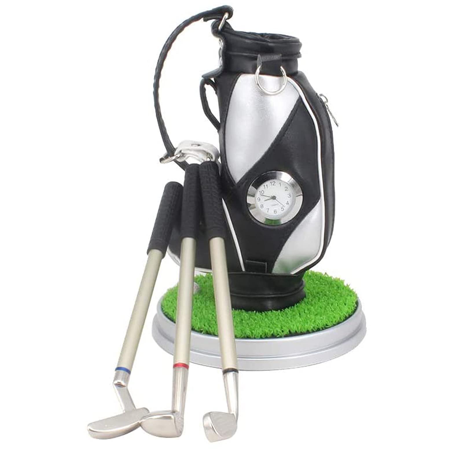 Mini Golf Pen Holder with Clock and 3 Pens Lawn Base for Desk, Golf Gifts Set Bag Cart Souvenirs Gifts for Men Dad Golfer Fans Fathers Day Desktop Ornament Desk Organisers (Silver/Black - Golf Bag)